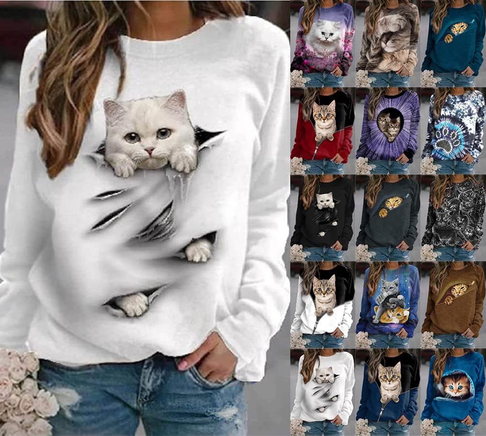 pull chat 3D femme coton col rond