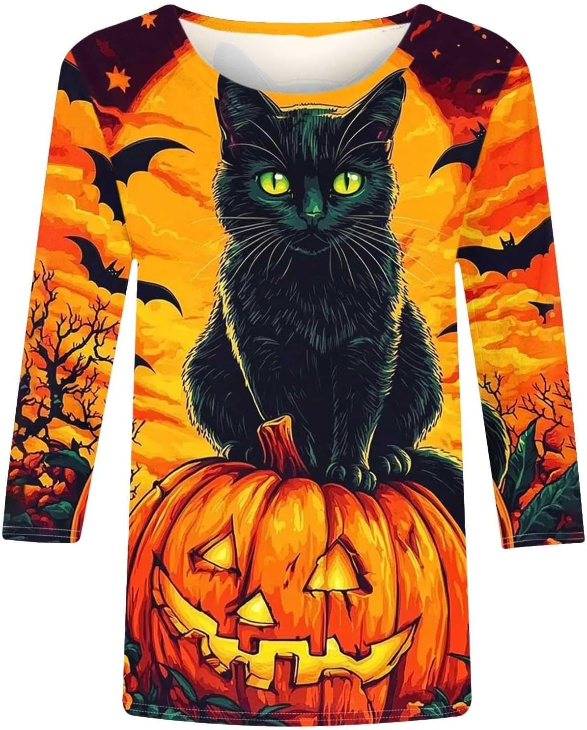 Détail du chat noir imprimé sur fond orange d’Halloween