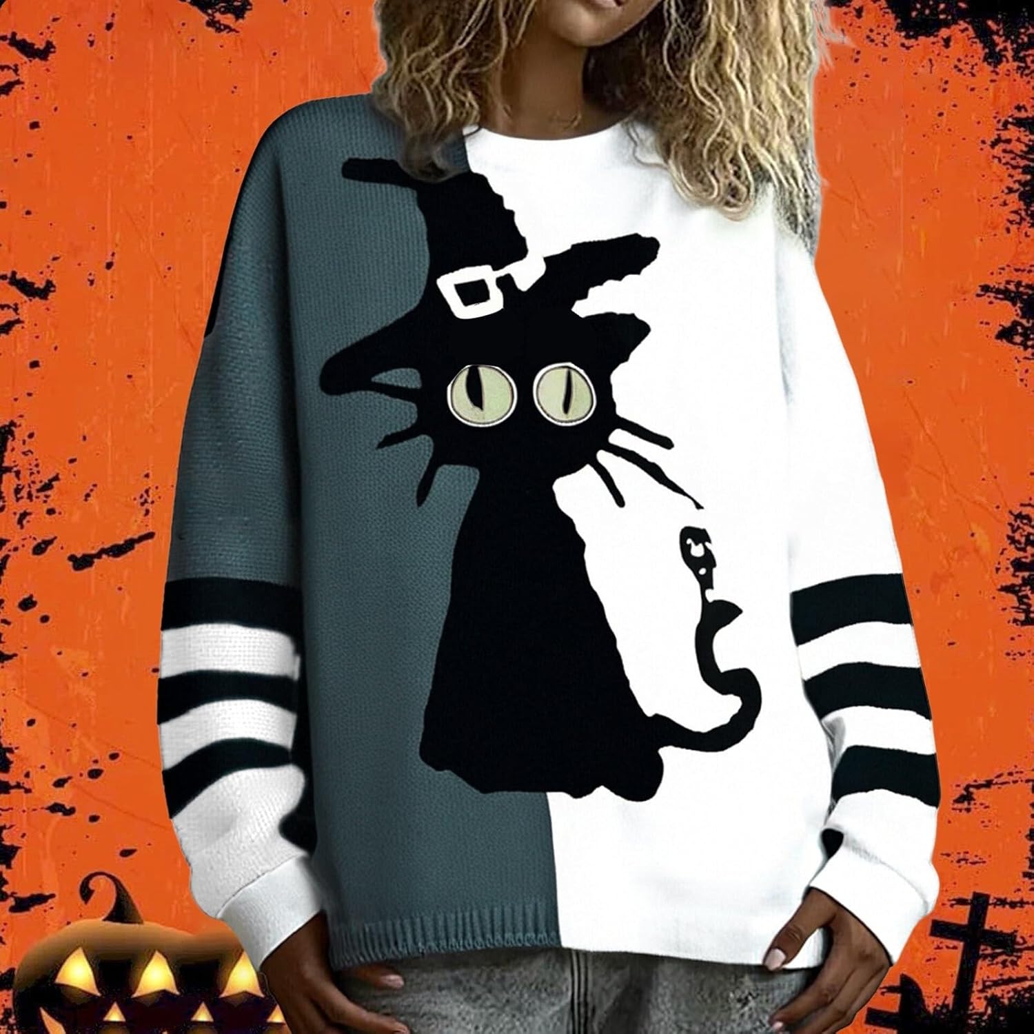 femme portant un pull d’Halloween au motif chat effrayant
