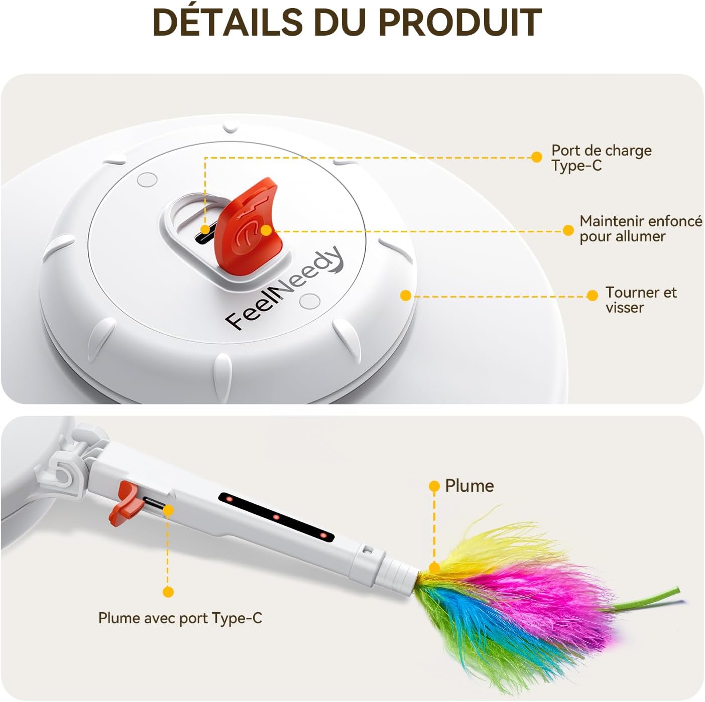 FEELNEEDY jouet chat rechargeable USB-C avec plumes cachées