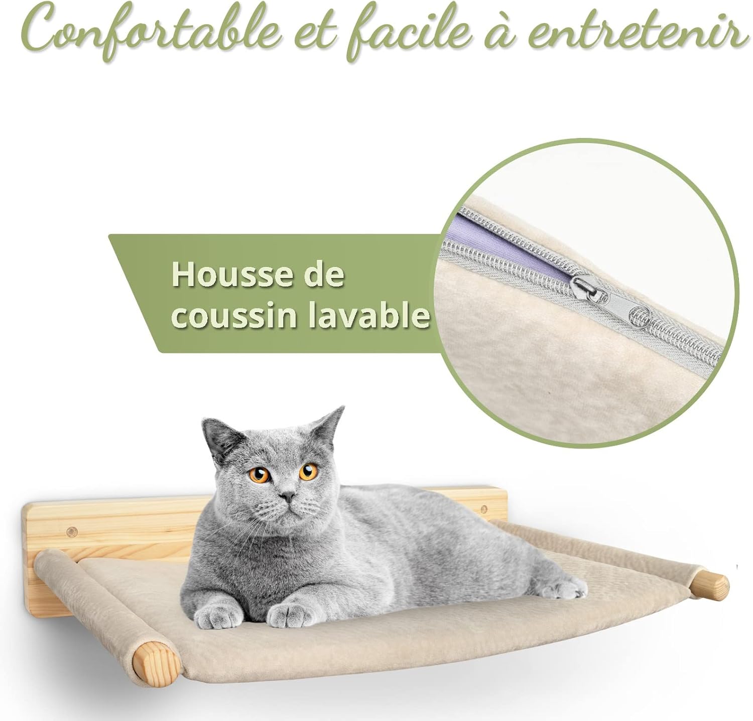 Chat adulte allongé sur hamac mural bois massif