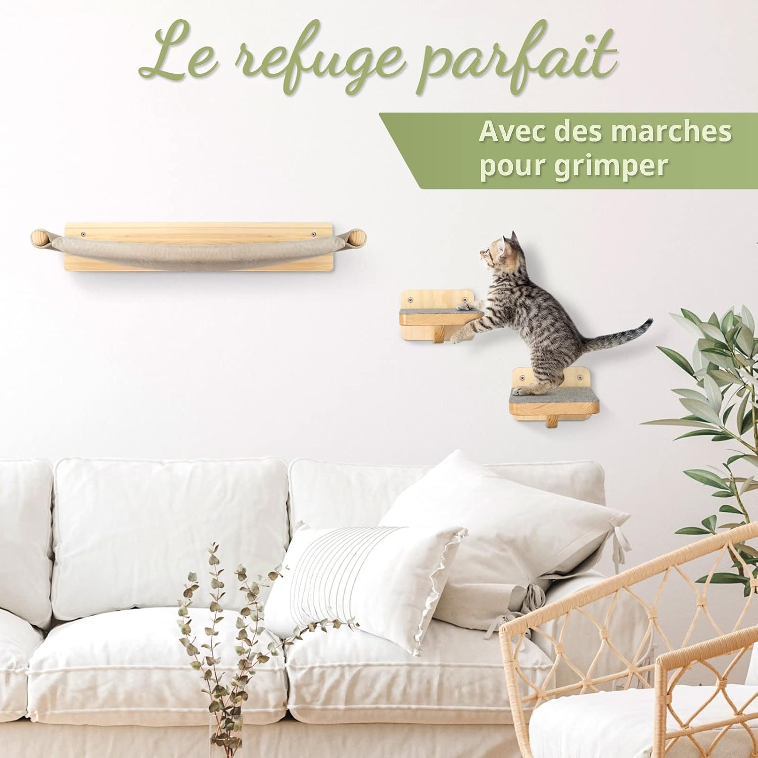 Mur d’escalade pour chat WOOWOOD bois massif avec deux escaliers muraux