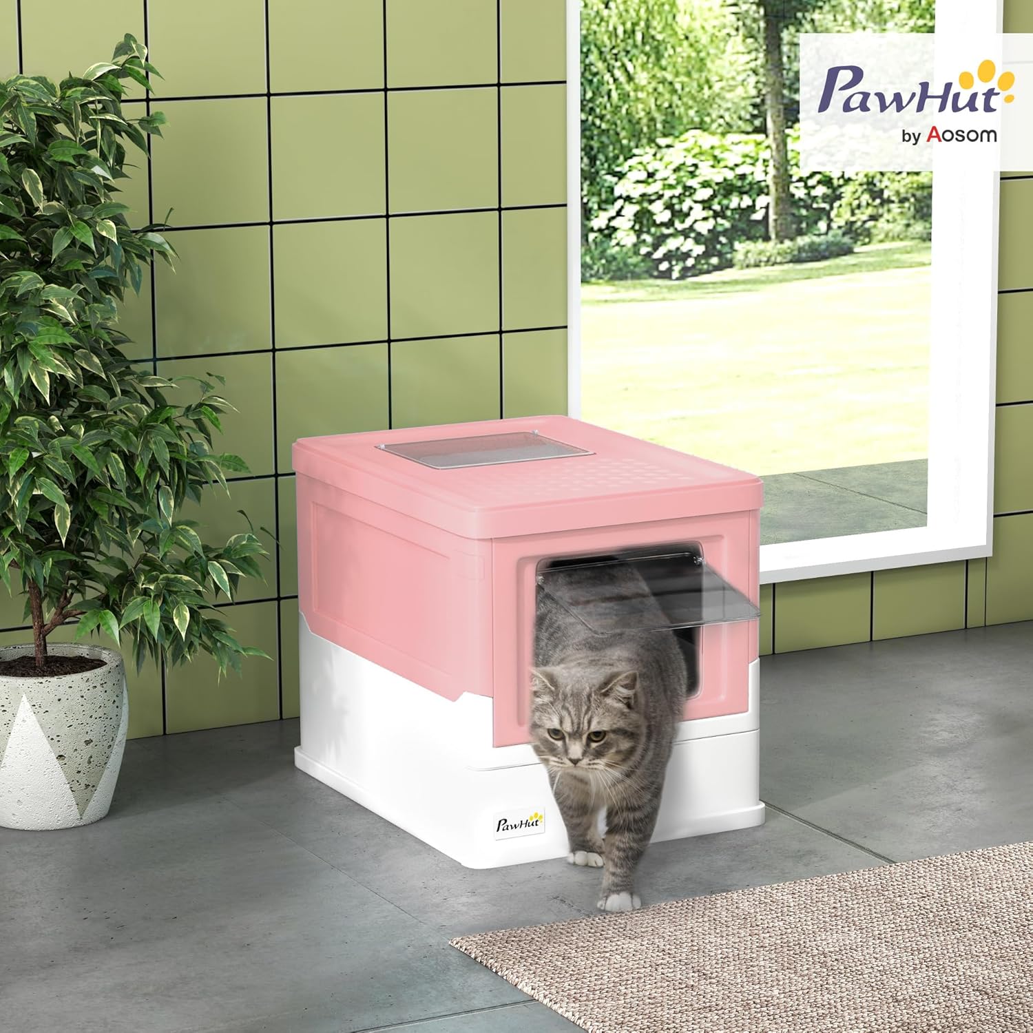 Chat entrant par la porte frontale bac à litière fermé luxe.