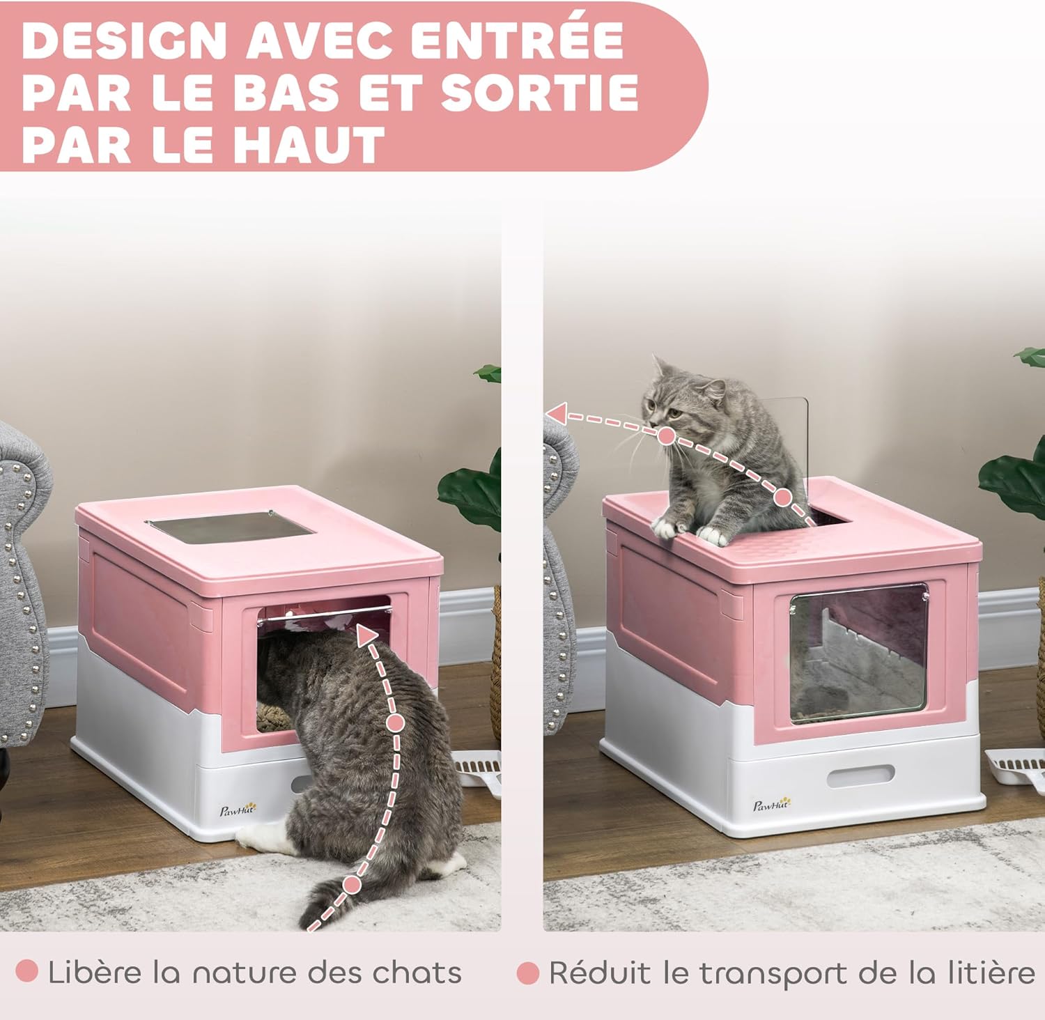 Bac à litière pliable rose blanc pour petit espace appartement luxe chat.
