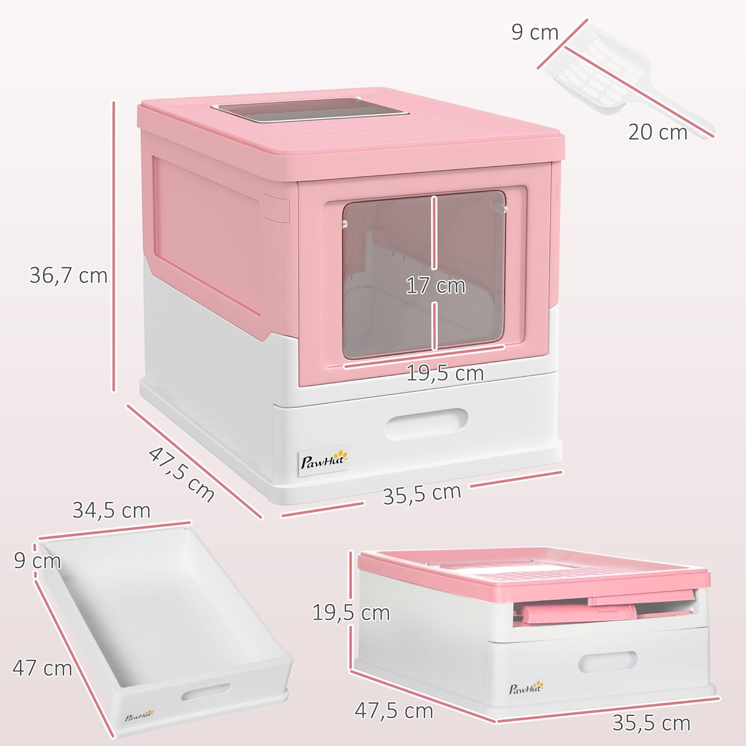 Bac à litière design rose blanc avec tiroir coulissant et pelle luxe chat.