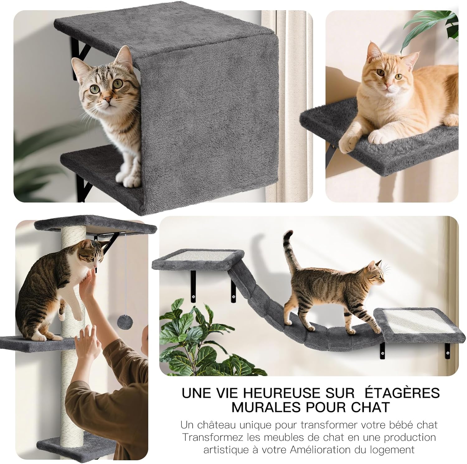 hamac mural peluche premium chat gris