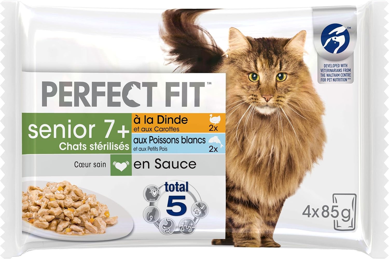 Vue d’ensemble 52 sachets fraîcheur pâtée premium chat âgé dans cuisine élégante