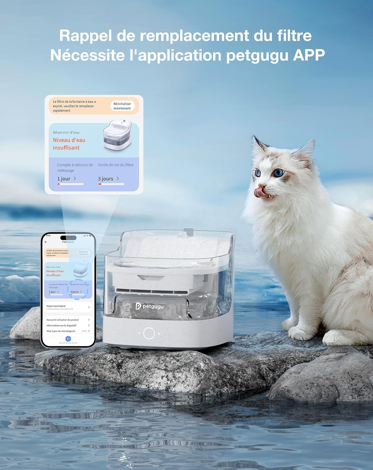 Filtre fontaine eau chat luxe PF1 en gros plan design raffiné.
