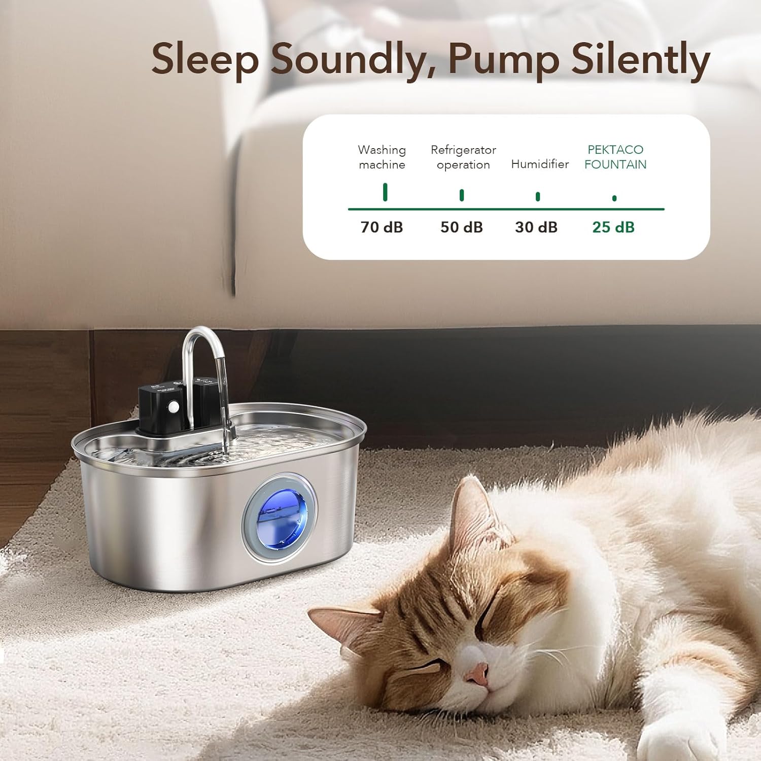 Fontaine acier inox chat sans fil piles lithium-ion bien-être félin luxe.