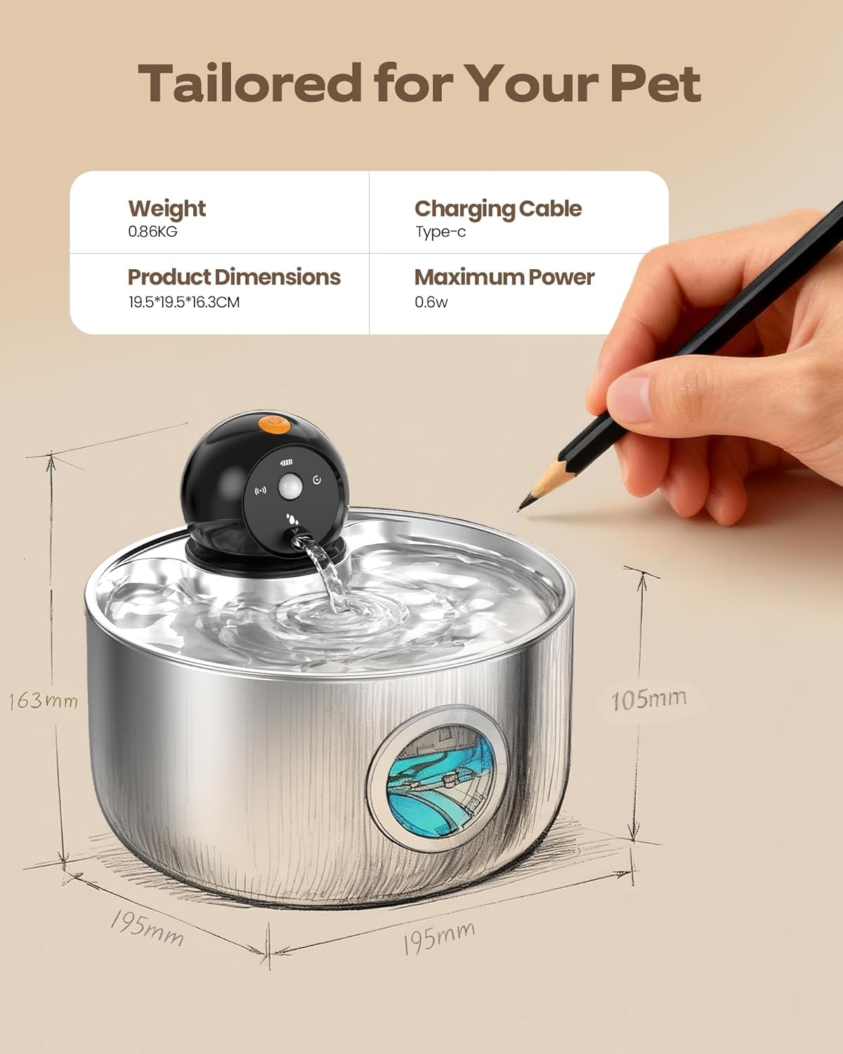 fontaine eau inox luxe chat sans fil 2,6l design premium salon moderne