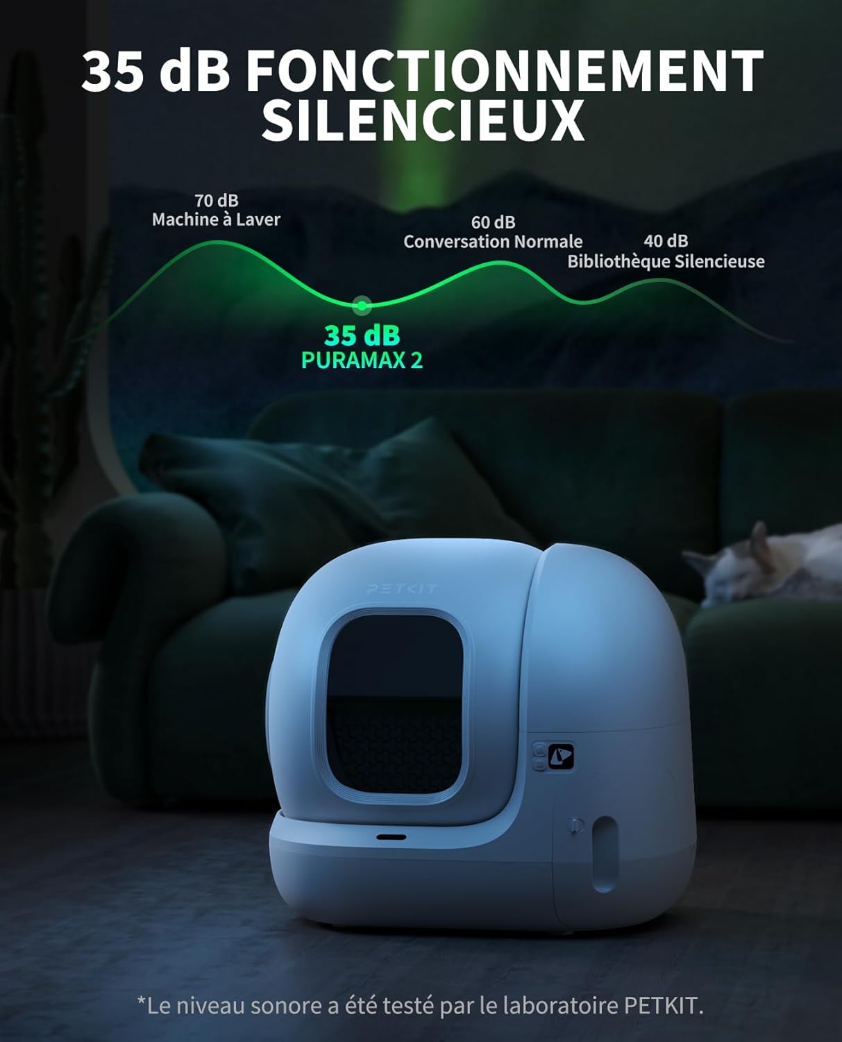 Détail panneau magnétique litière connectée luxe entretien facile félin.