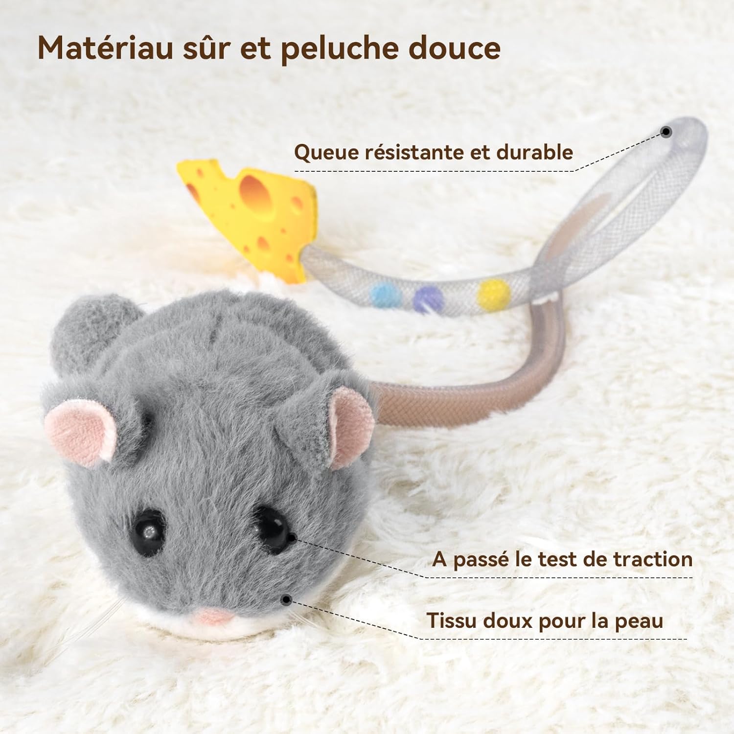 Accessoire chat jouet interactif souris grise avec queue remuante innovation féline.