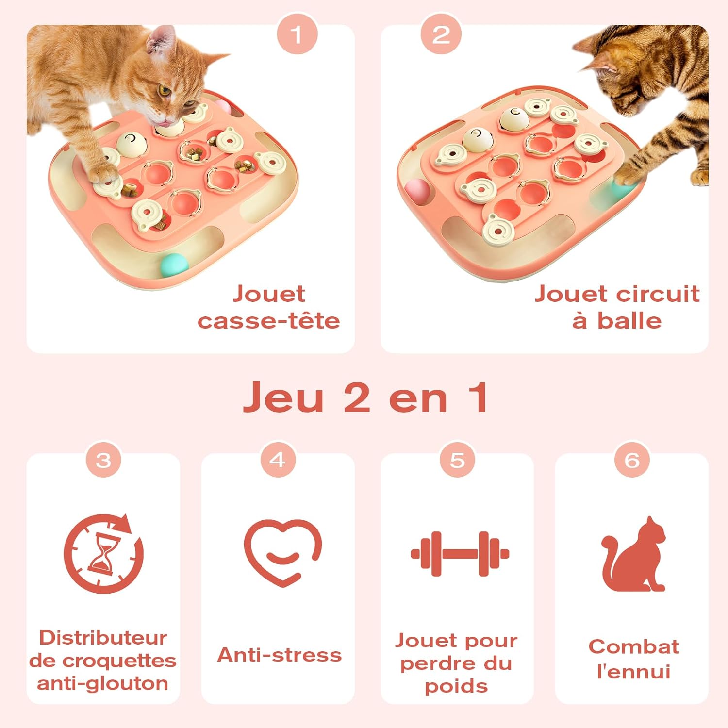 Puzzle interactif félin premium pour chats XS S M avec balles colorées.