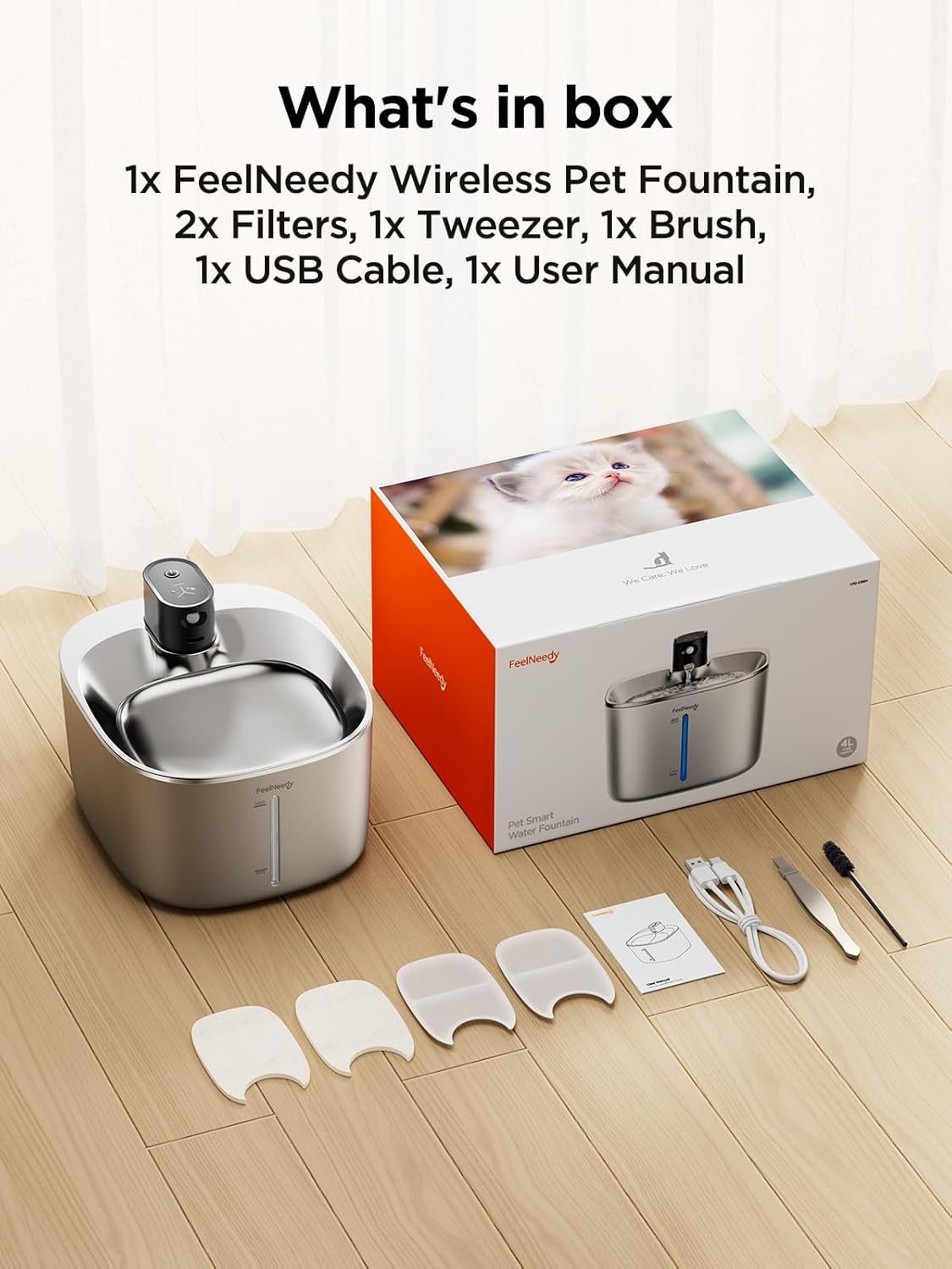 Fontaine à eau design premium pour chat FEELNEEDY 4L en acier inoxydable sur sol moderne.
