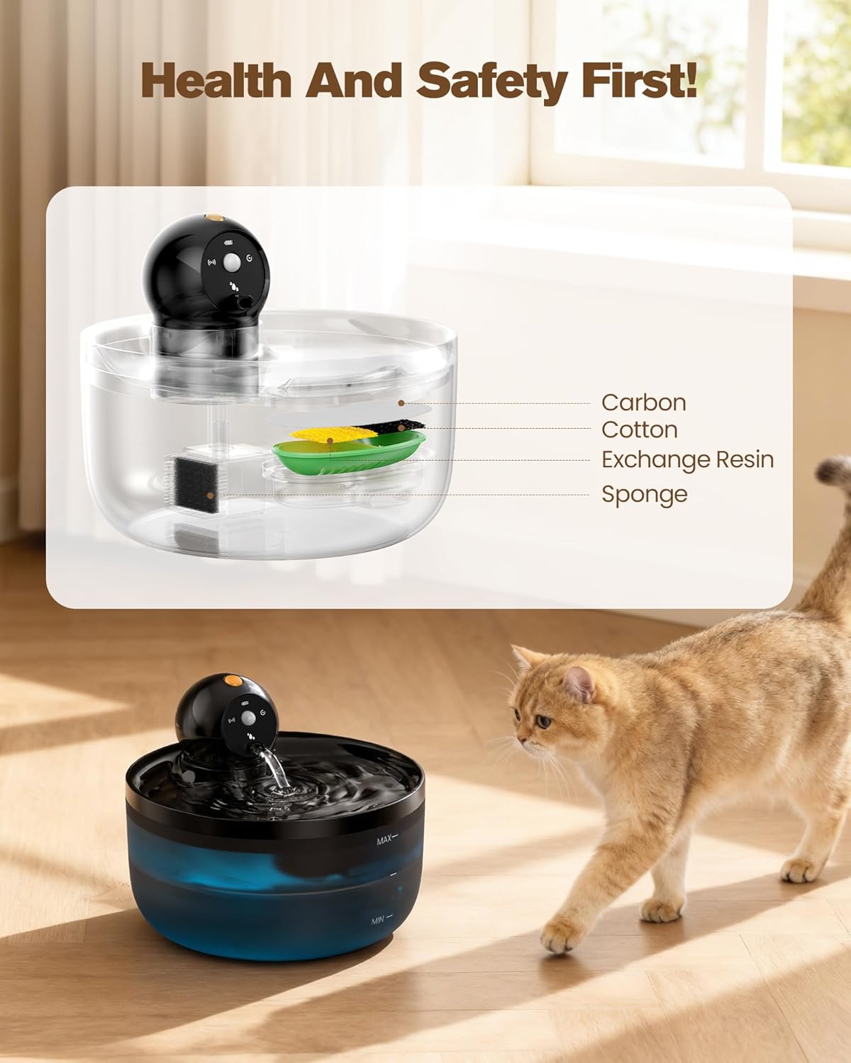 Design incurvé anti-collision fontaine pour chat intérieur sophistiqué.