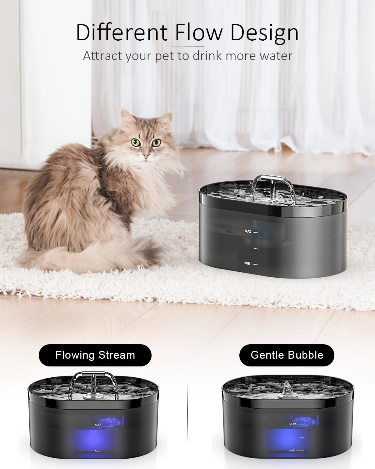 Pompe silencieuse 5 V installée dans la fontaine à eau premium pour chat.