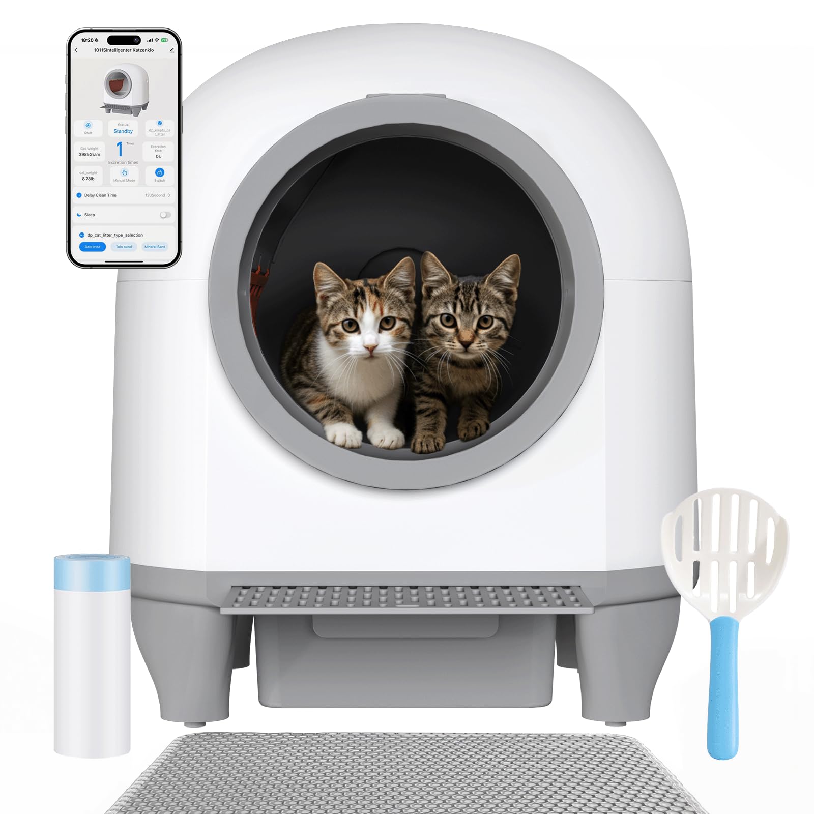 Vue de face de la litière chat autonettoyante Devoko 90L, design blanc raffiné.