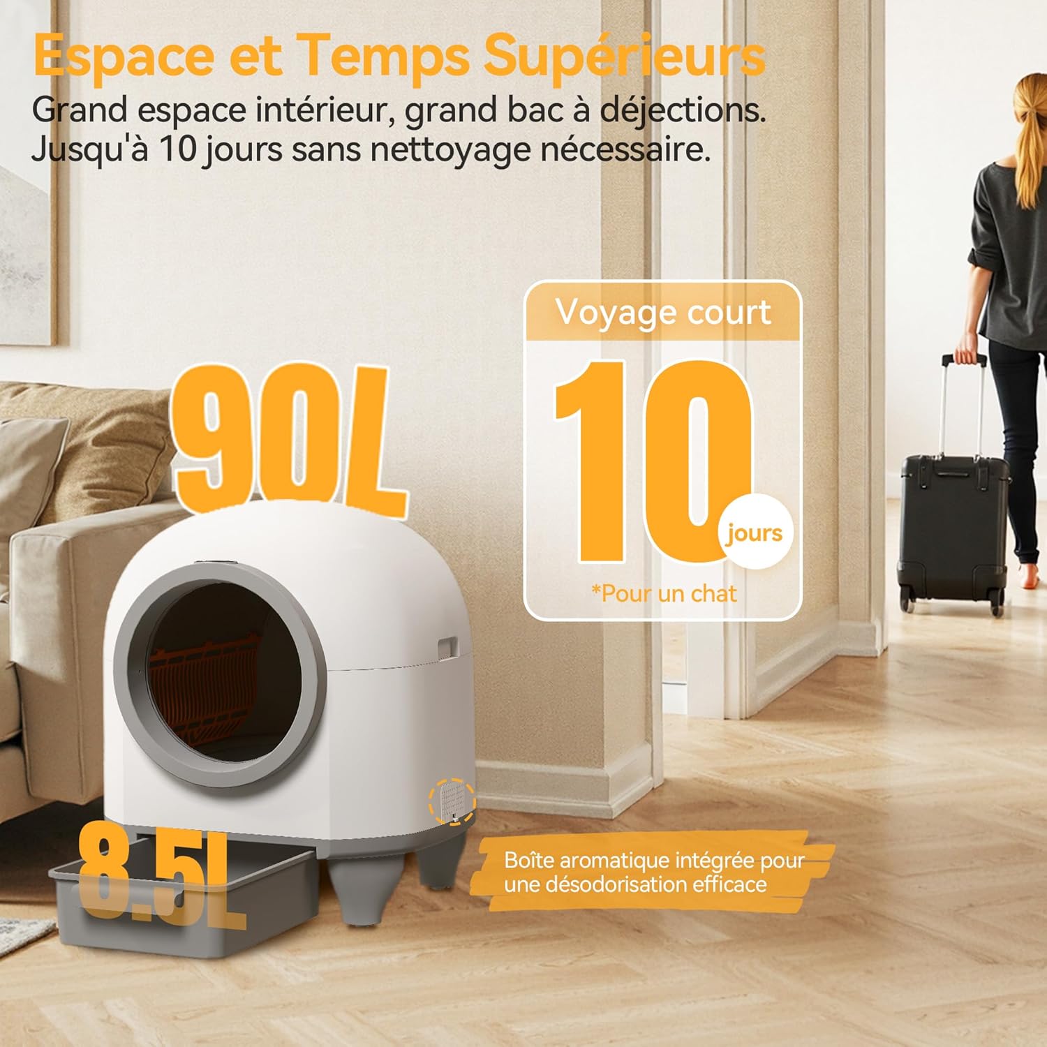 Litière chat autonettoyante Devoko posée dans un coin salon design raffiné.