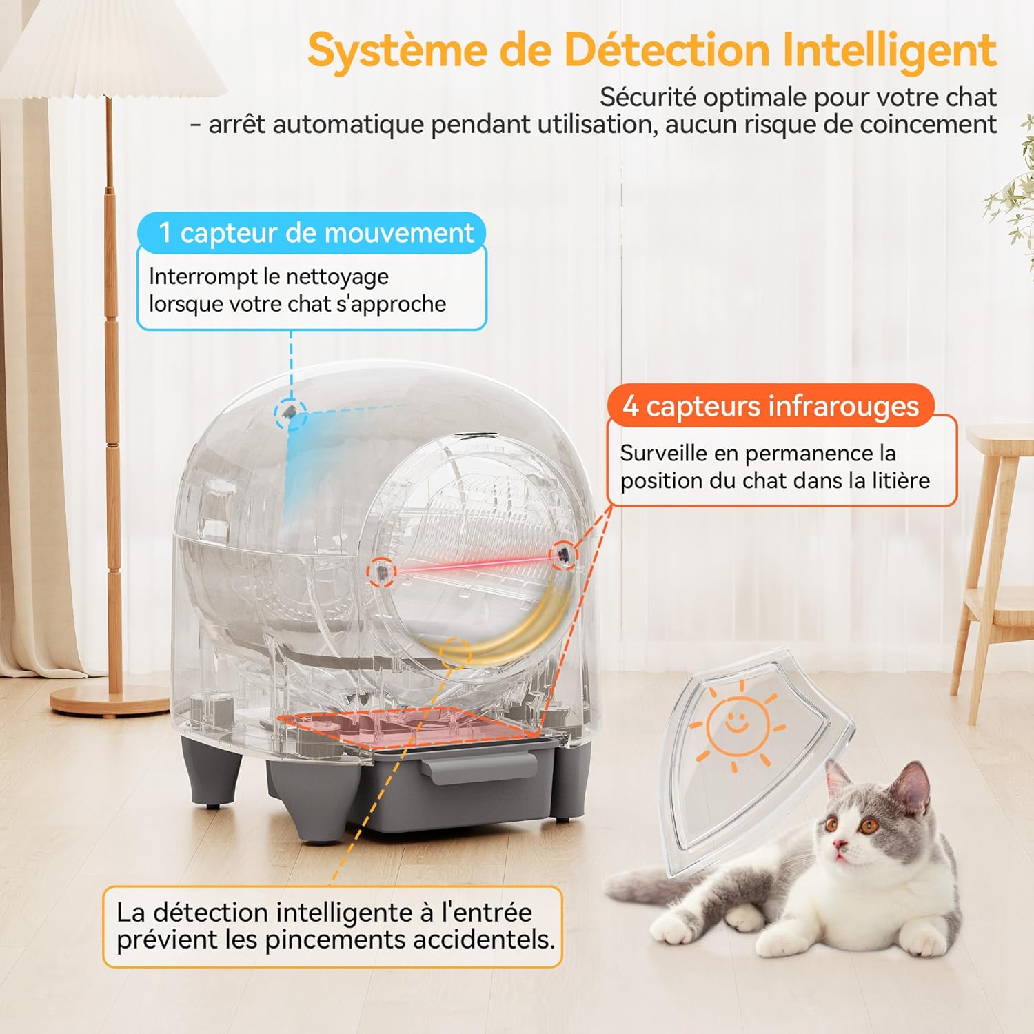 Grand chat utilisant la litière auto nettoyante Devoko dans un salon moderne.