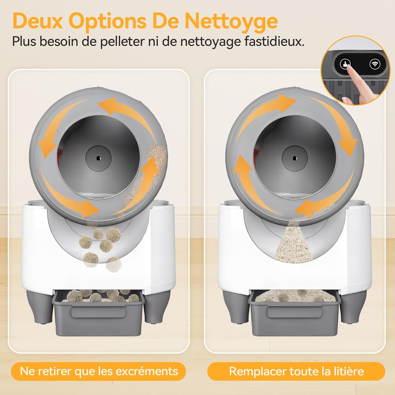 Détail du bac à déchets hermétique 8,5 L de la litière autonettoyante pour chat.