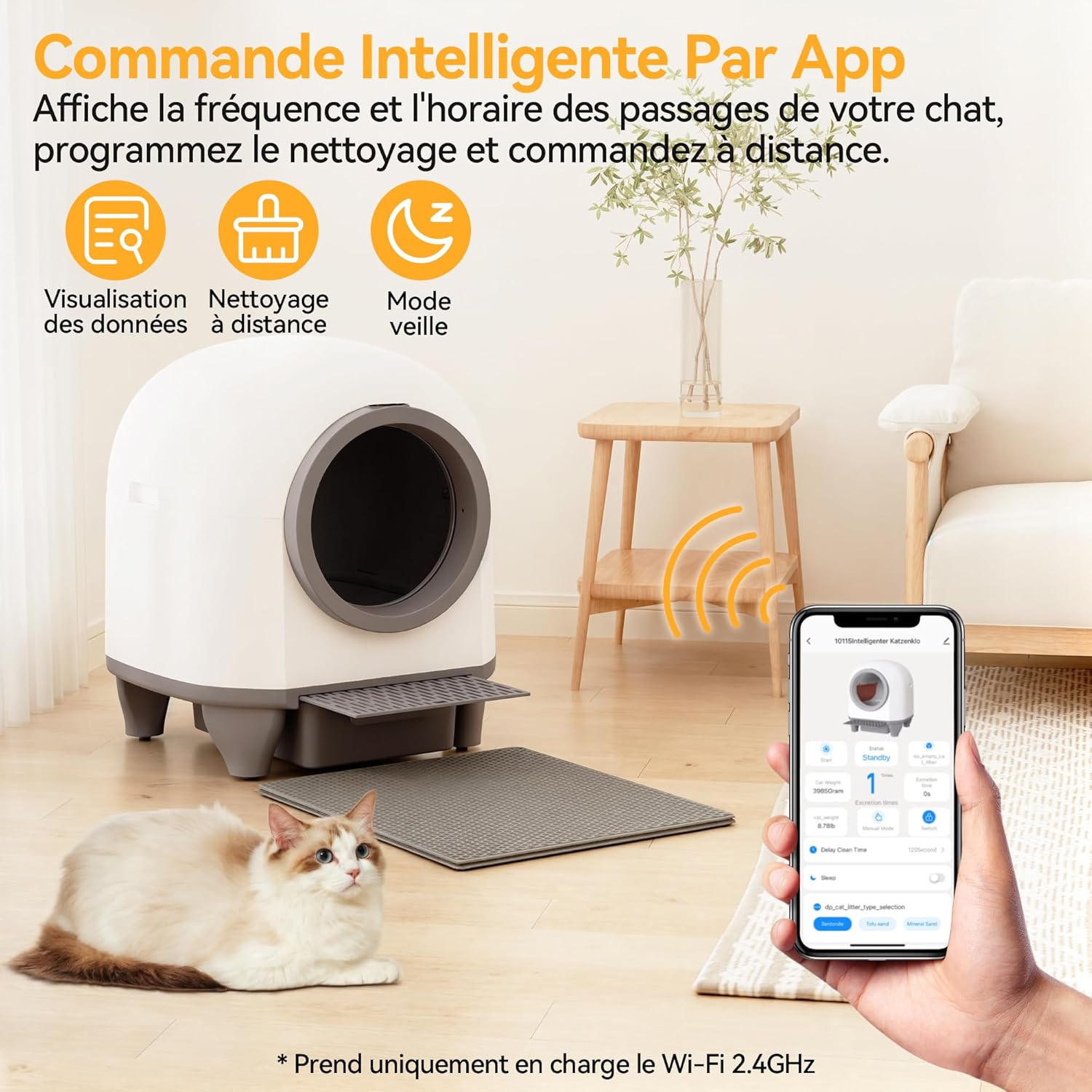 Litière chat autonettoyante Devoko avec mode nuit, discrète dans une chambre.