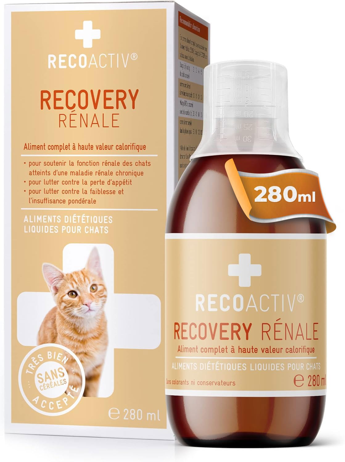 Aliment complet hautement calorique pour chat, texture liquide facile à administrer.