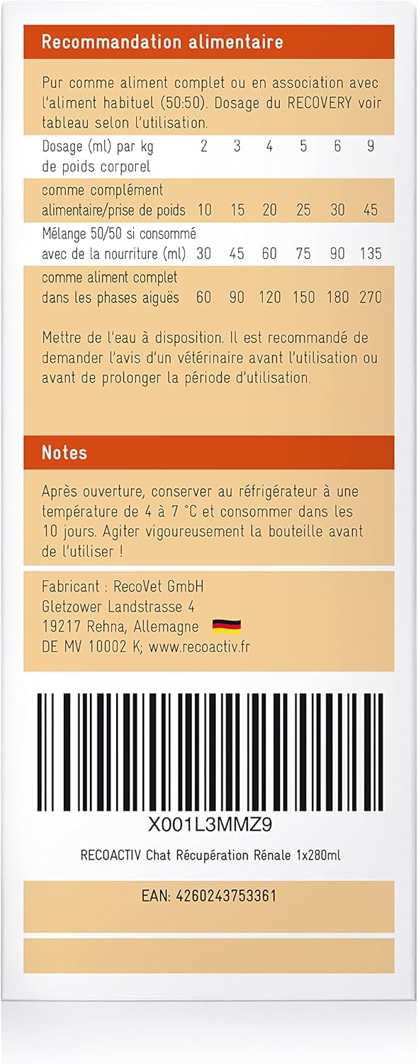 Aliment diététique liquide pour chat fragile, RECOACTIV Recovery Rénale 280 ml.