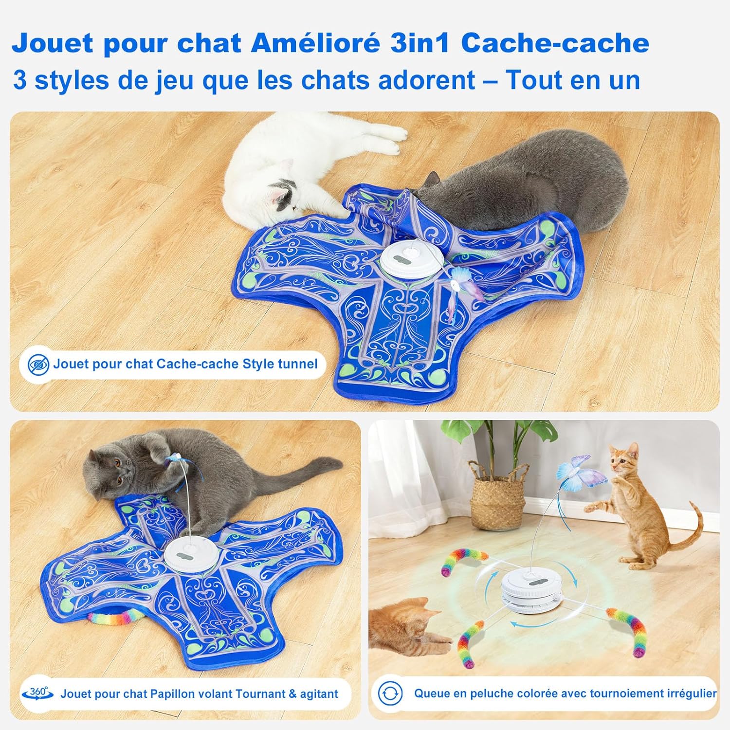 Jouet interactif félin avec batterie rechargeable et câble USB.