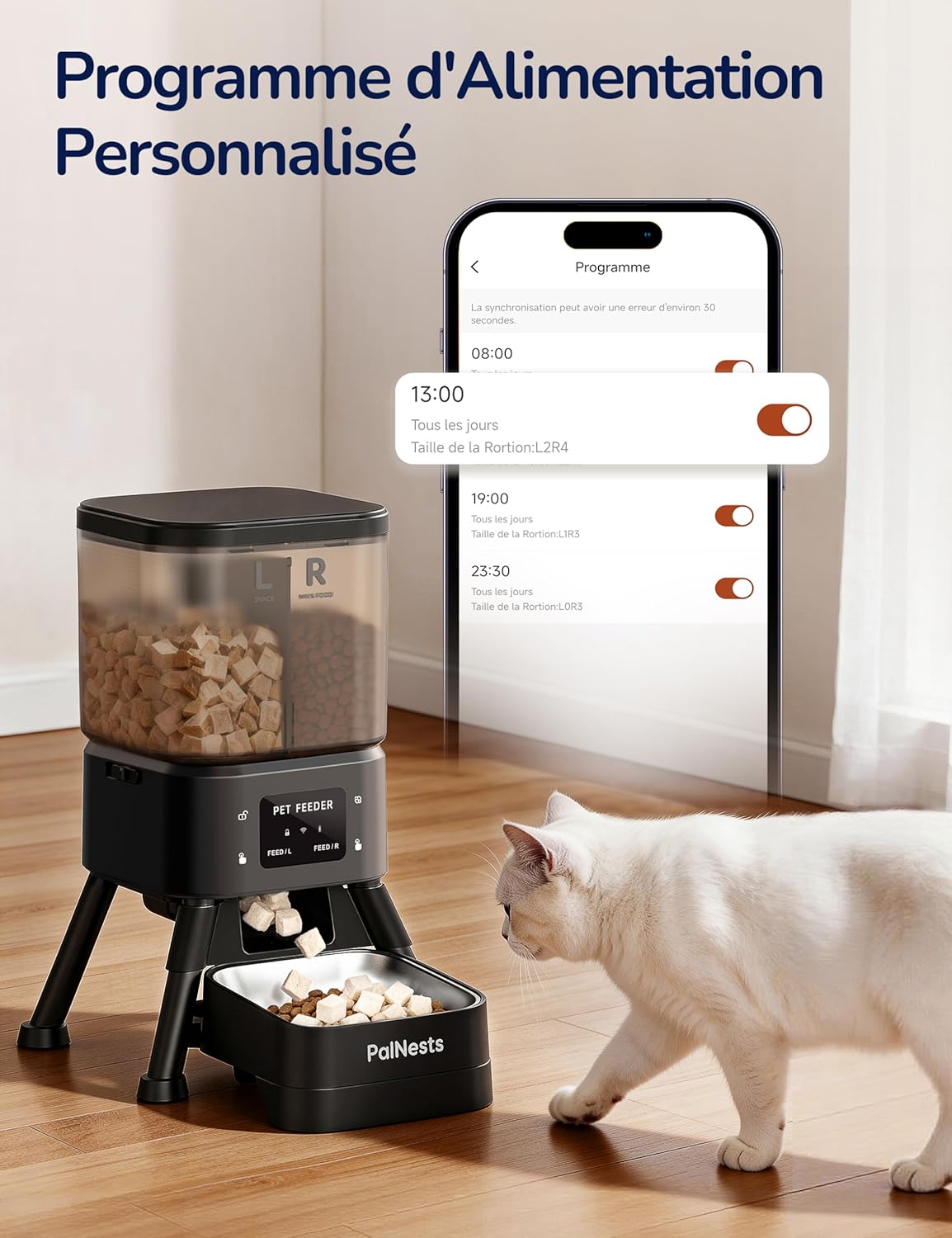 App mobile distributeur automatique chat PalNests programmes personnalisés premium.