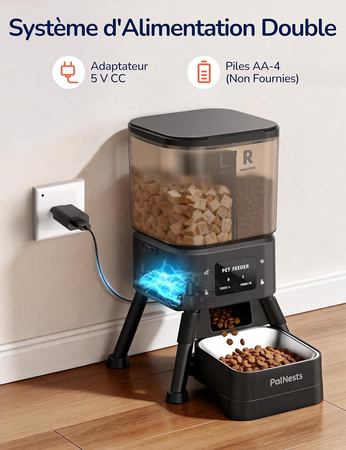 Double trémie PalNests pour chat : croquettes et freeze-dried séparés luxe design.