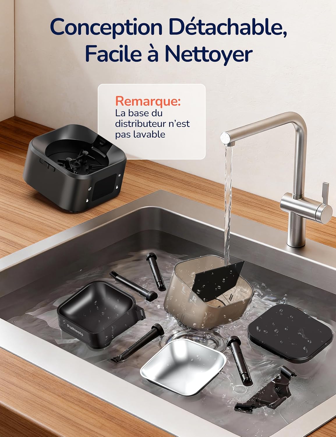 Accessoire chat premium PalNests noir acier inoxydable bol hygiénique moderne.