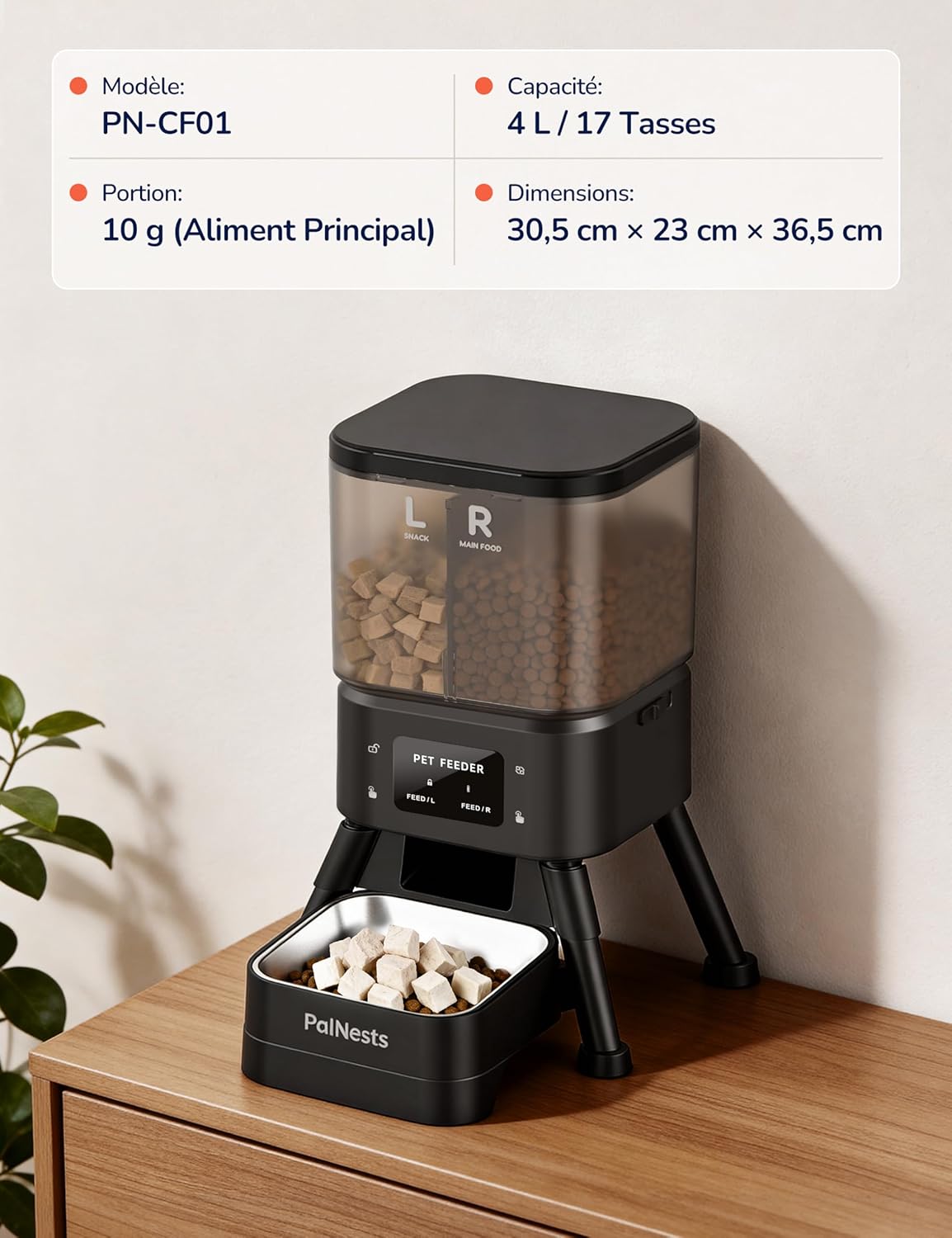 Distributeur croquettes chat automatique PalNests design raffiné premium double trémie 4L.
