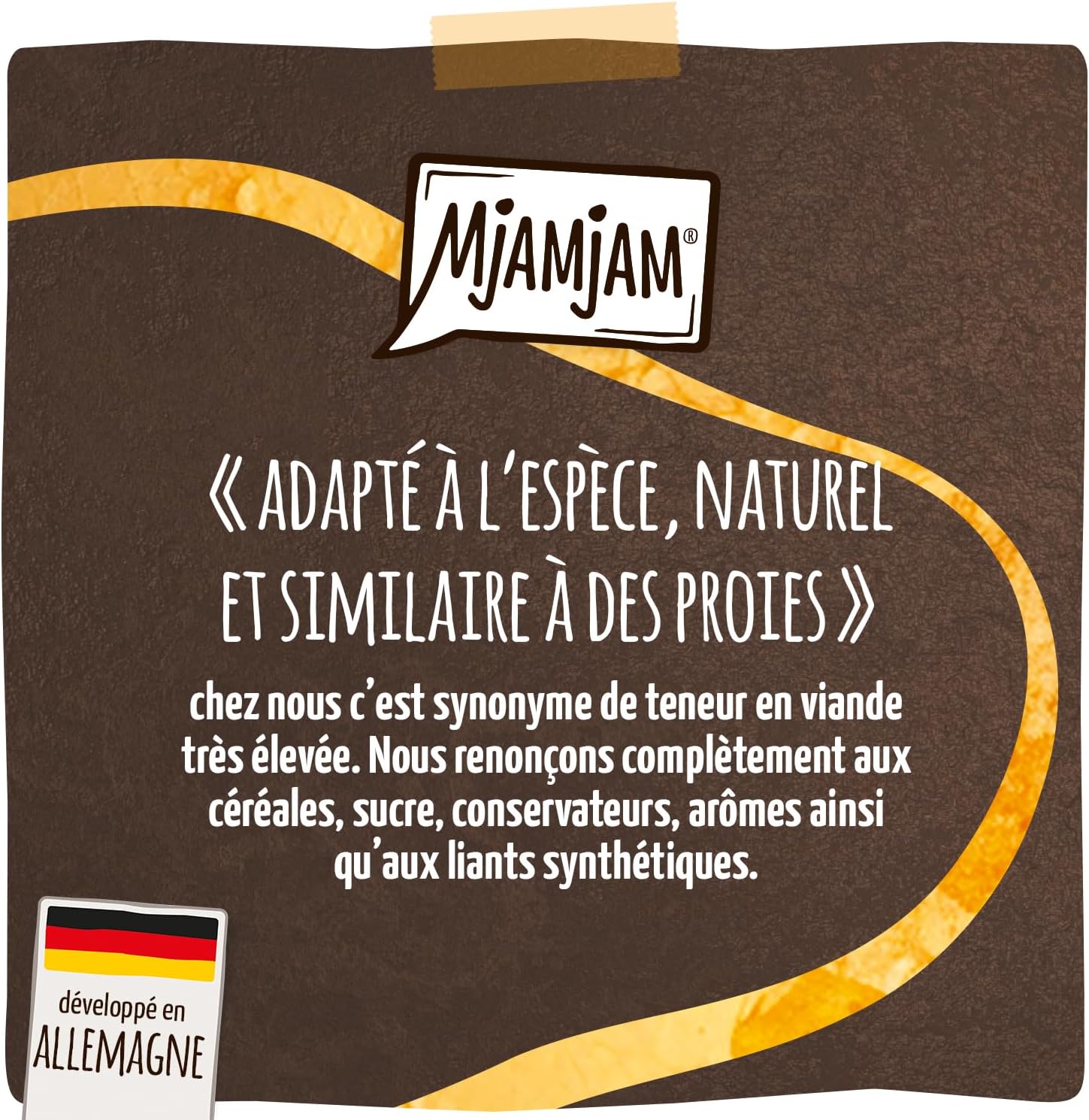 Aliment complet pour chat sans gluten, design luxueux et texture pâte.