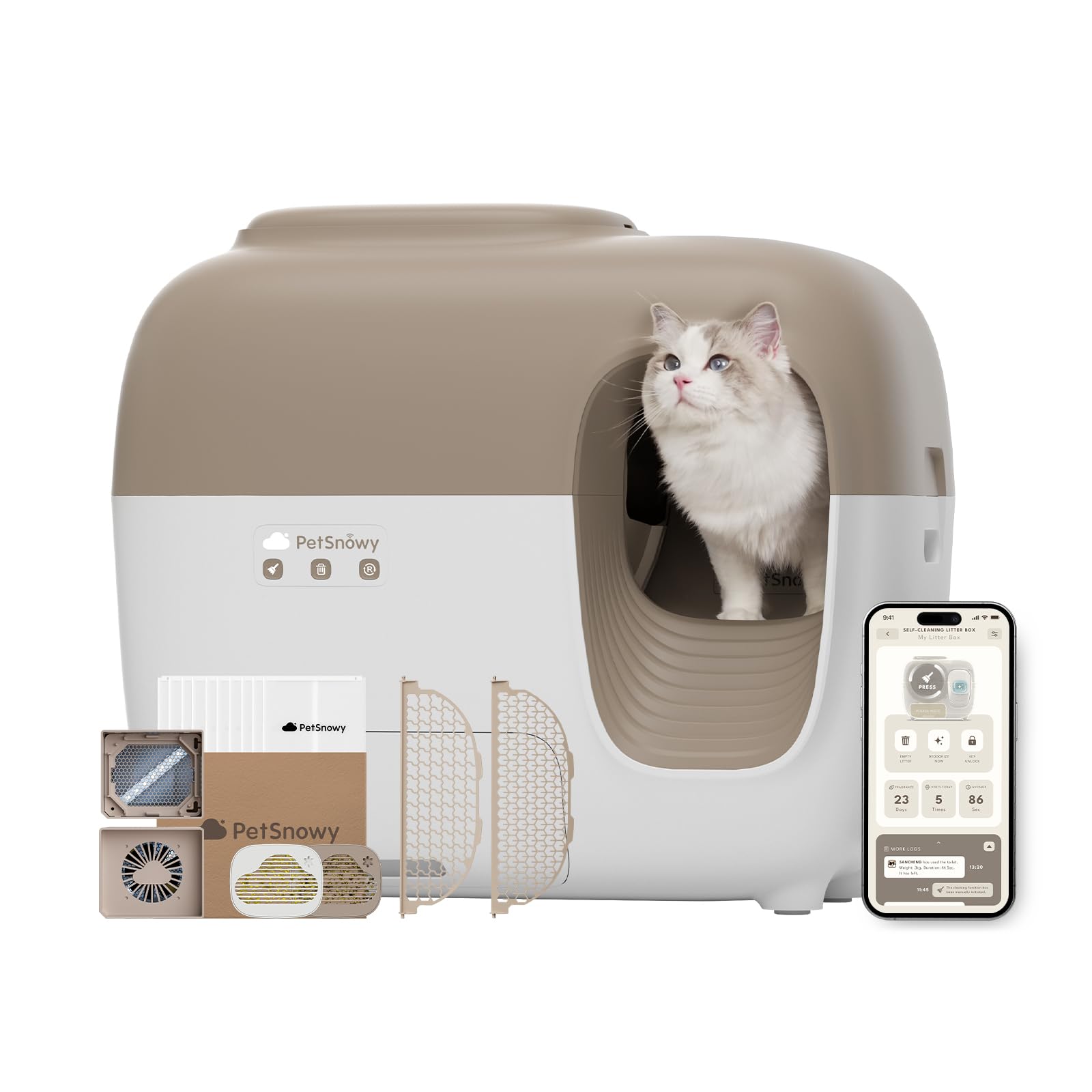 Install litière chat PetSnowy dans un salon contemporain.