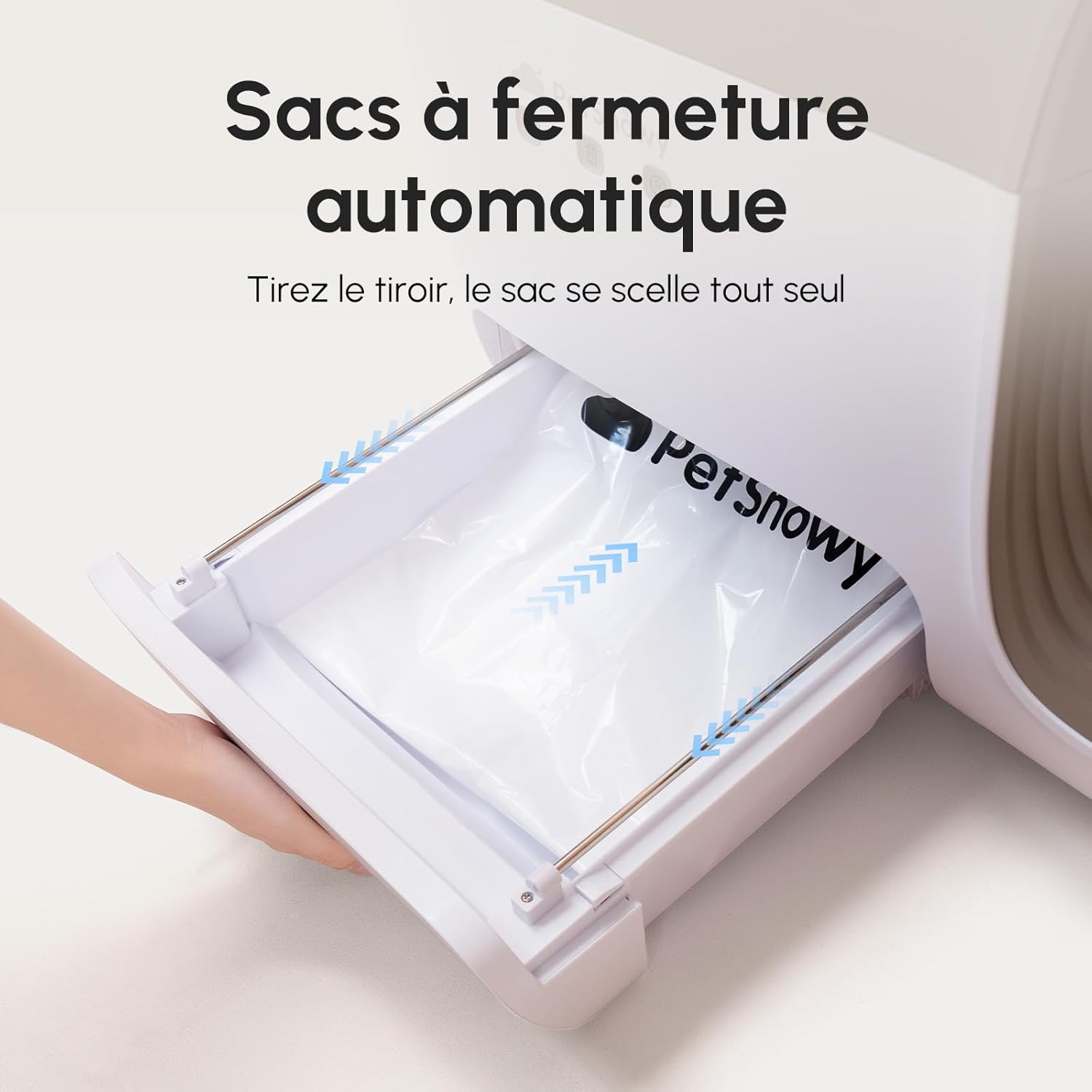 Litière automatique chat PetSnowy SNOW  avec sac auto‑fermant hermétique.
