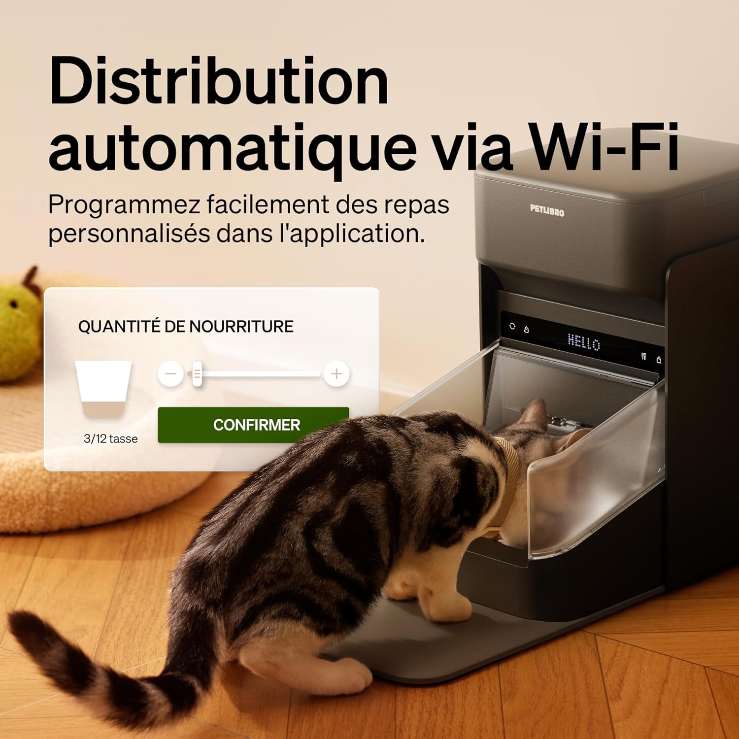 Distributeur nourriture chat connecté Wi‑Fi 5G et 2,4 GHz pour suivi des repas via application