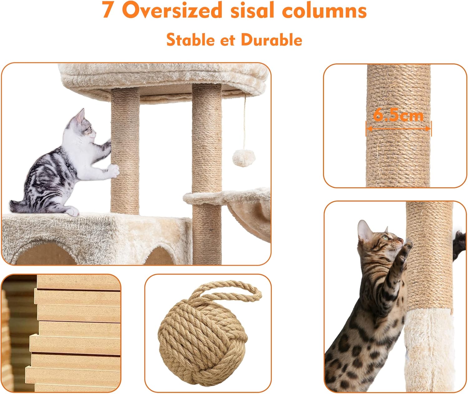 Balle suspendue et espace jeu arbre à chat beige raffiné.