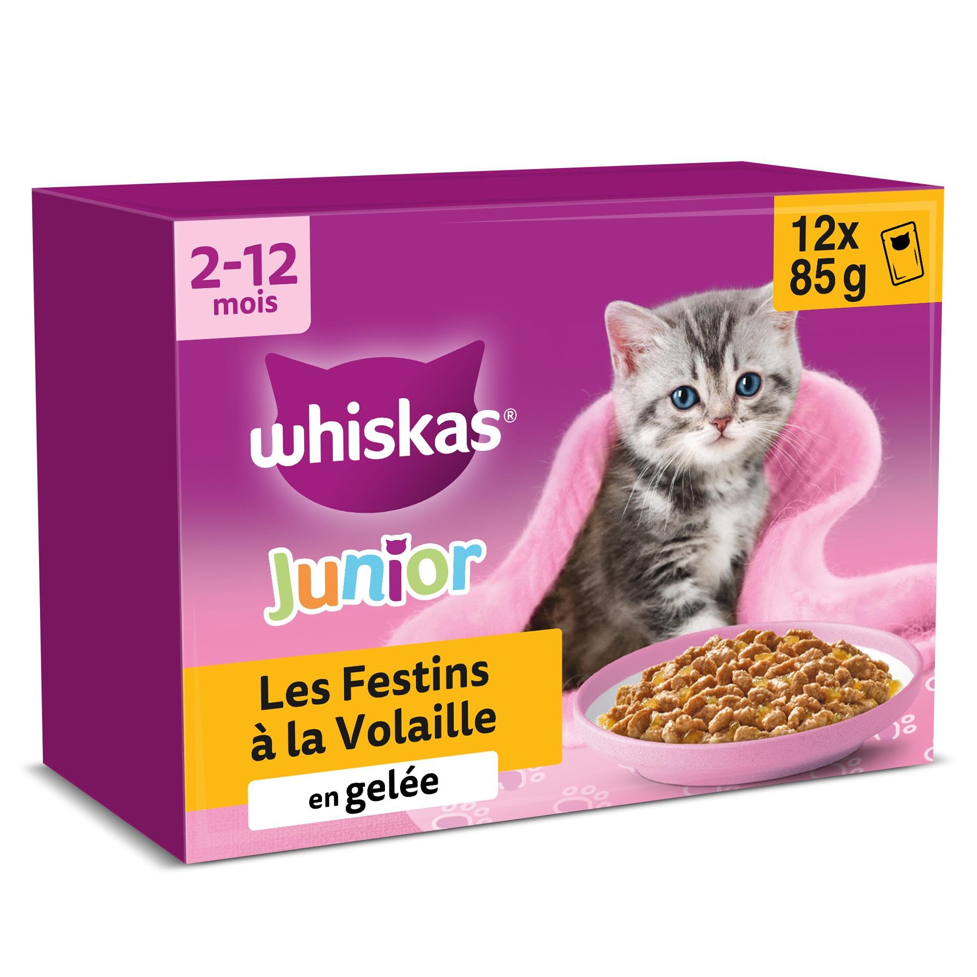 Innovation premium féline : sachets Festins volaille sans colorants pour chat bébé.