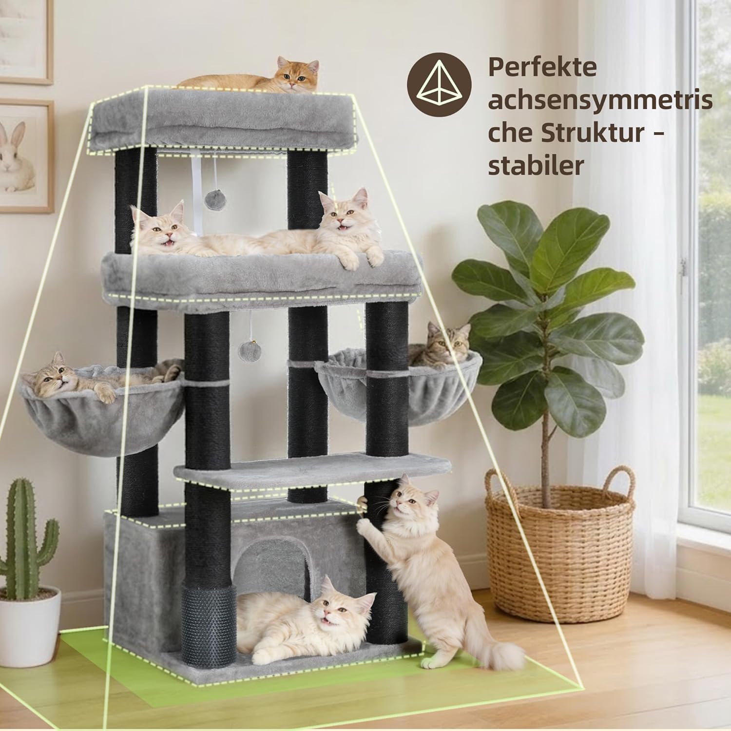 Vue d’ensemble de l’arbre à chat 4 niveaux Hey-brother, ergonomie pour grimper et observer.