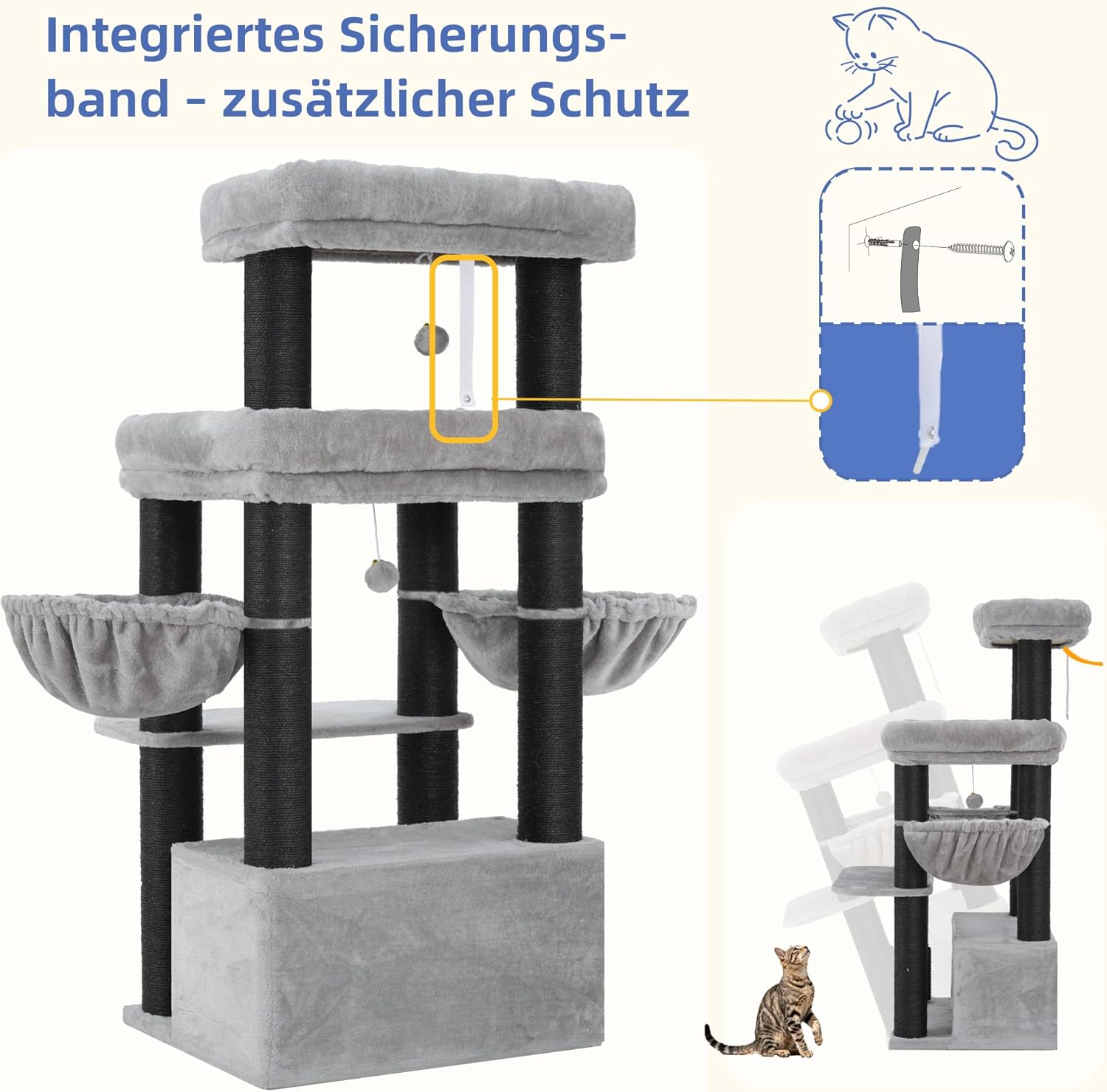 Plateforme supérieure élargie avec coussin amovible lavable pour chat adulte, intérieur premium.