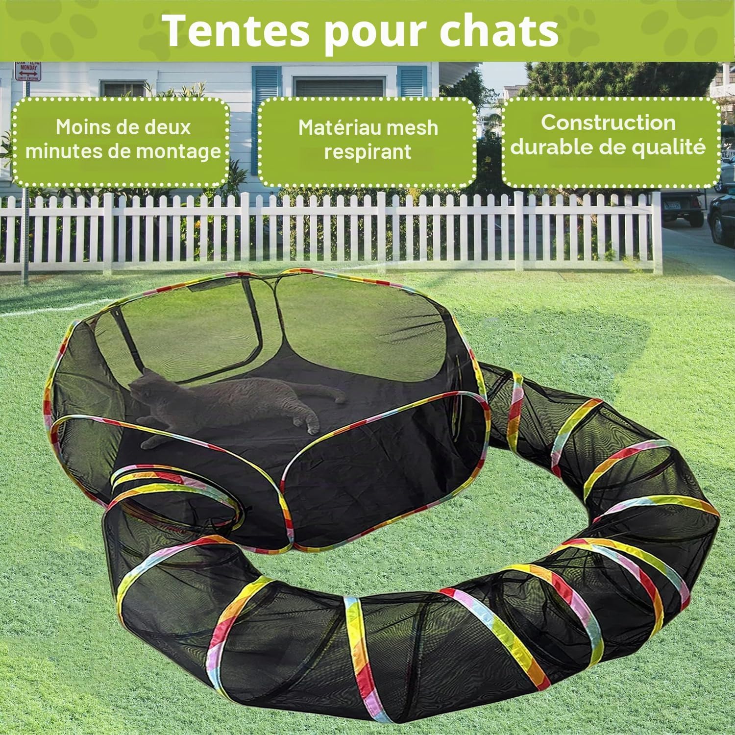 Accessoire chat pliable avec tente et tunnel reliés par fermeture éclair.