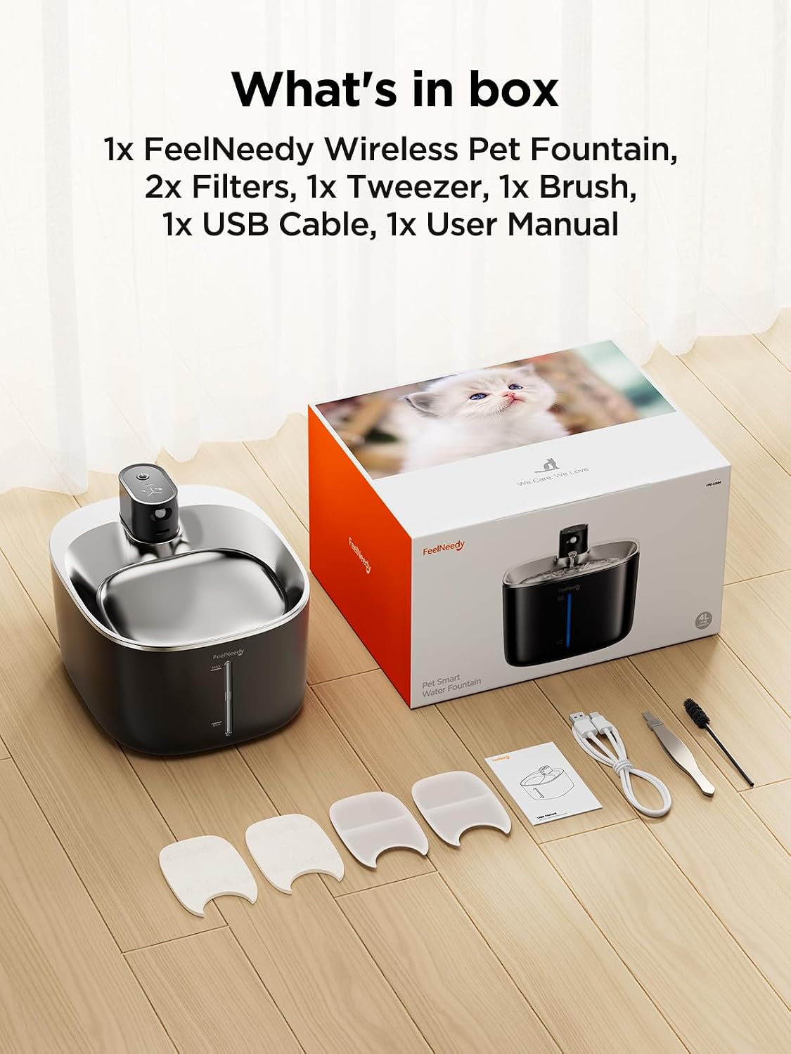 Fontaine à eau pour chat sans fil design premium, noir et acier inoxydable 304