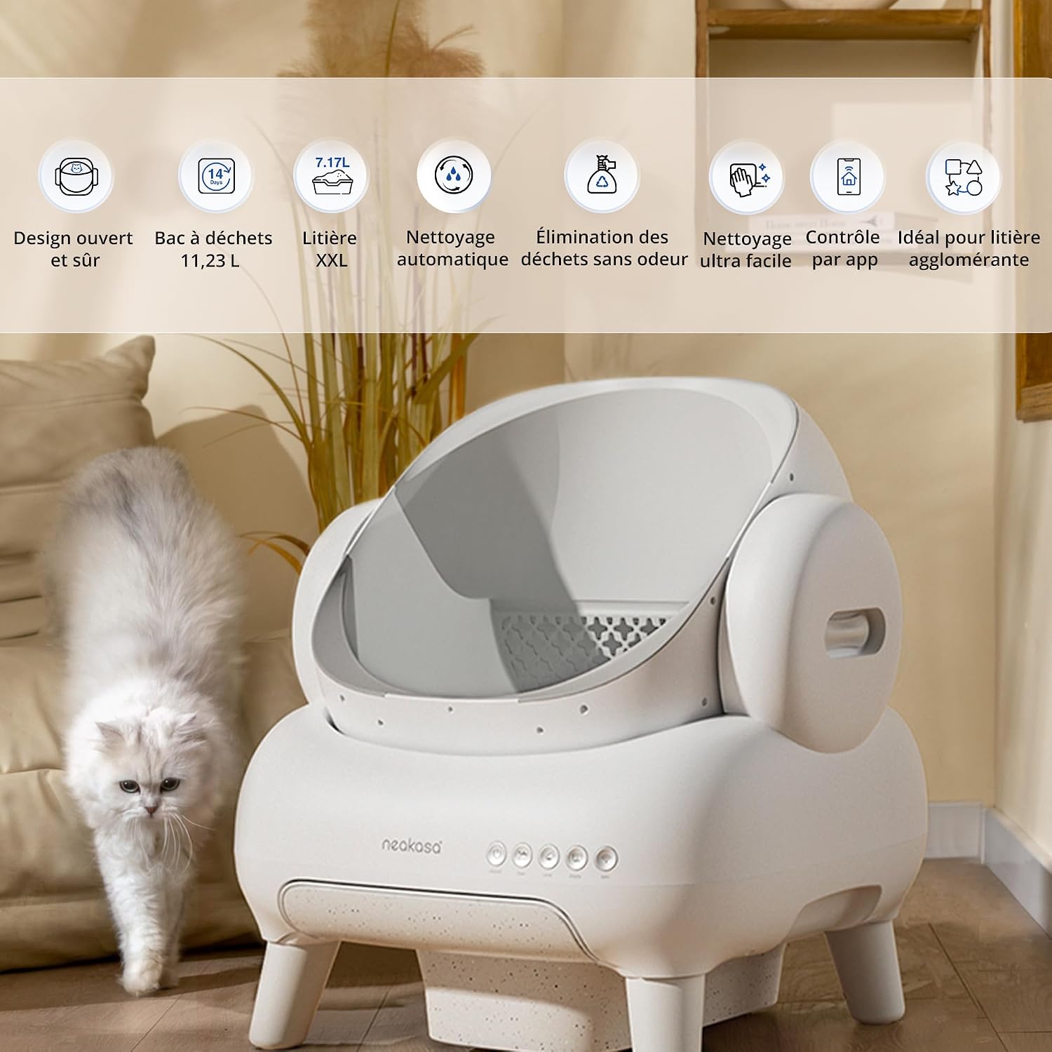 Bac à litière chat grande race 15kg design ouvert sécurisé