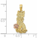 Breloque chat or 14K pour femme, détail du nœud et de la fleur