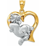 Pendentif cœur en or jaune 14 carats avec motif chat amoureux