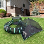 Vue d’ensemble de la structure Pawtenda pliable avec panneaux en maille ventilée pour sécurité extérieure.
