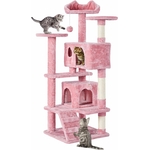 Arbre à chat multi-niveaux rose Yaheetech avec deux niches pelucheuses et trois plateformes dans un salon lumineux