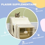 Chat confortablement installé dans une niche moelleuse doublée de peluche du tunnel PawHut