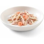 Zoom sur une portion de gelée avec thon, poulet et crevettes dans une gamelle.