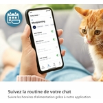 Notification sur smartphone signalant la distribution d’un repas pour chat.